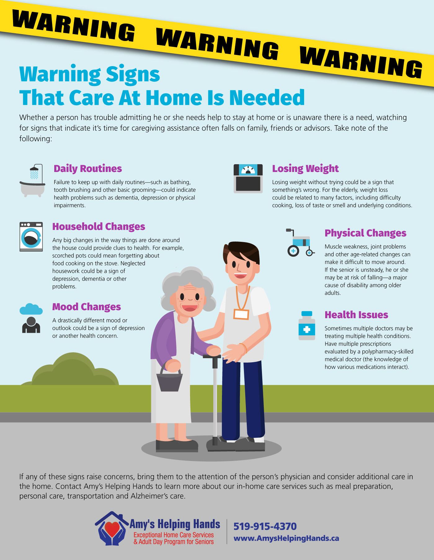 A list of warning signs that care at home is needed. 